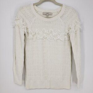 3/$25 LOFT Fringe Trim Pullover Sweater‎ XS Womens Boho Cream